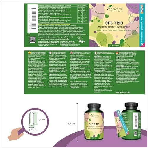 OPC Extraits de Pépins de Raisin | Antioxydant Puissant & Santé Cardiovasculaire | Avec Betterave Rouge & Grenade | Sans Additif & Vegan | 120 Gélules | Vegavero®