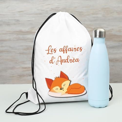 Sac à doudou ou sac de gym personnalisable – Ajoutez le prénom | Cadeau enfant | Plusieurs motifs | Polyester | Cordon de serrage (Renard)