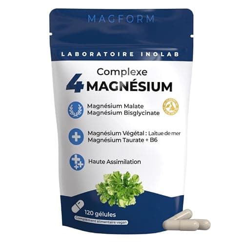 INOLAB SYNERGIE 4 MAGNESIUM 1980mg/jour & B6 | Bisglycinate + Malate + Végétal bio + chélaté Taurine| 300mg Mg pur/jour |Tolérance et Assimilation supérieures au Mg Marin | Qualité Premium