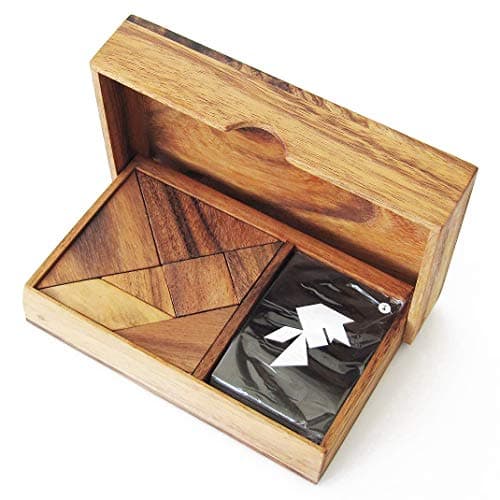 TANGRAM DOUBLE - à partir de 6 ans pour 1 à 2 joueurs, casse tête en bois massif aux normes CE. Difficulté 2/6 marque française Le Délirant, un puzzle avec plus de 64 figures à réaliser. Jeu de voyage