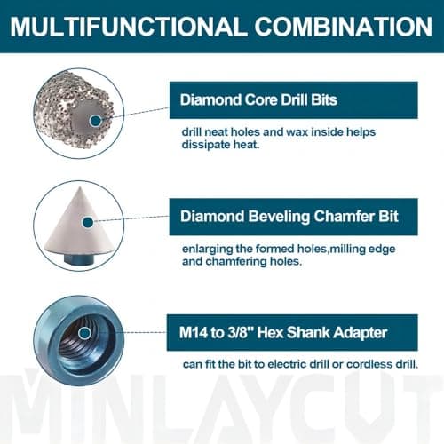 MINLAYCUT Foret Diamant Carrelage 6/6/8/20/35/50/68mm Trépans 10mm et 50mm Fingerfraise Diamantée et Adaptateur pour Carrelage Porcelaine Granit Marbre(10 Pièces/Boîte)