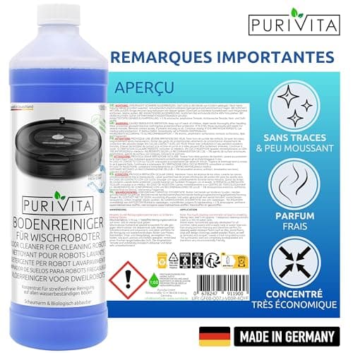 PURIVITA - Produit Nettoyant Sol pour robots laveur de sol - Concentré de détergent pour tous les robots lavants, y compris le Produit Aspirateur Laveur - Floor Cleaner d’1000 ml