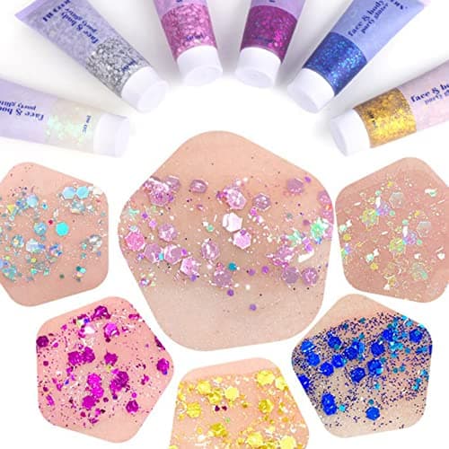 Gel Paillettes Corps, MKNZOME 6 pièces Paillette Visage Festival Maquillage Paillette Visage Gel Paillette Cheveux Glitter Makeup Colle gel Scintillant à Paillettes Longue Durée pour Fête Noël Pâques