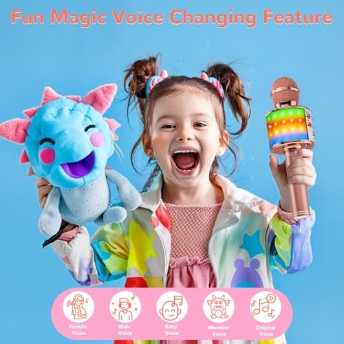 Ankuka Microphone sans Fil Karaoké avec Lumières LED de Danse, Microphone Bluetooth pour Enfants Fille Garcon pour Fête Chanter Idée Cadeau de Noël Anniversaire Or Rose