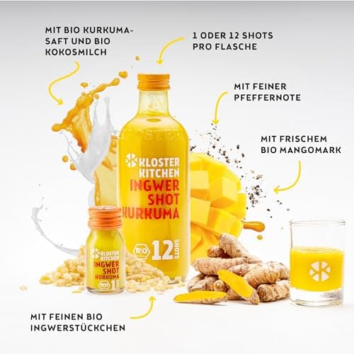 Kloster Kitchen Bio gingembre Shot curcuma, 12 SHOTS à 360 ml avec morceaux de gingembre, Shots de gingembre au curcuma en bouteille en verre, végétalien (incl. 0,25€ de caution consigne)