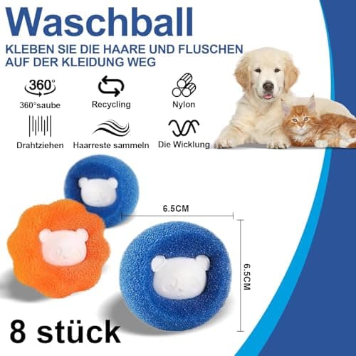 Boule Anti Poil Machine à Laver, 8 Pièces Attrape Poils Machine a Laver Réutilisable, Balle de Lavage Anti Poils, Boule Lessive, Enleve des Poil Animaux pour les Vêtements et la Literie (Orange)
