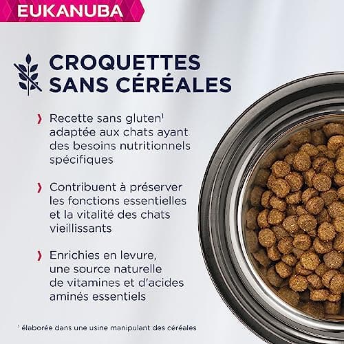 EUKANUBA Grain Free Croquettes pour Chat Senior - Riche en saumon - Apport en L-carnitine - Enrichie en taurine, Sans OGM, colorants, arômes artificiels - 10 kg