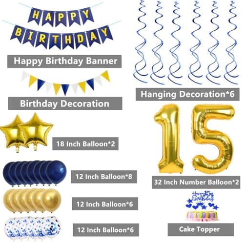 Decoration anniversaire 15 ans garçon bleu, ballons 15 anniversaire bleu or déco, 15 ans anniversaire bleu or, 15 ans Décorations De Gâteaux garçon, 15 ans anniversaire déco garçon,15 ballon bleu