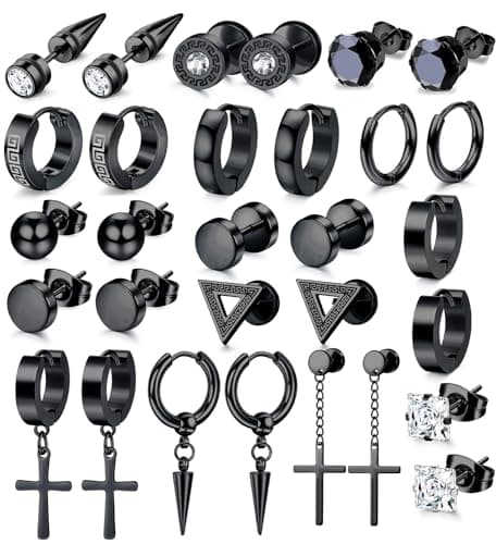 JeweBella 15Paires Boucles d'Oreilles Homme Acier Inoxydable Boucles d'Oreilles Créoles Boucles d'Oreilles Pendantes Croix Piercing Cartilage Boucles d'Oreilles Noires/Argent pour Hommes Femmes