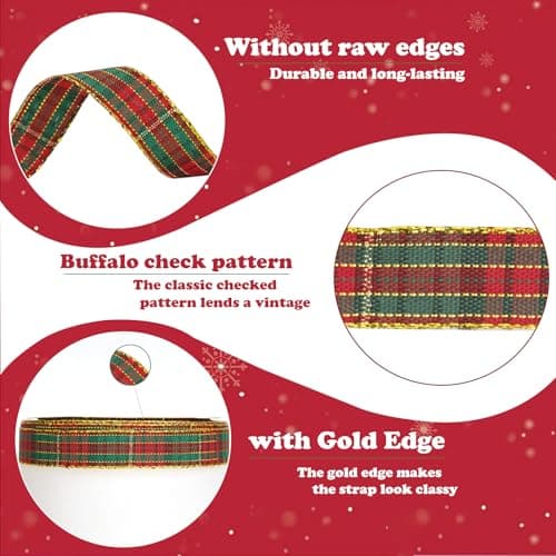 G2PLUS 25 Yards Ruban de Noël 15mm Ruban à Carreaux Rouge et Vert avec Bord Doré Ruban Décoratif pour Emballage Cadeau,Artisanat Décoration D'arbre de Noël
