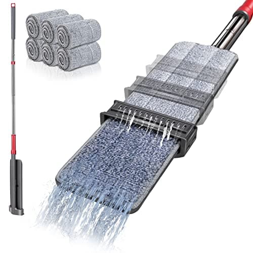 MASTERTOP Balai Serpillière Microfibre à Essorage Intégré, Balai Auto Essoreur avec Tête Rotative à 360°, Serpillère à Rangement Debout pour Nettoyage de Sol avec 6 Tampons Microfibre