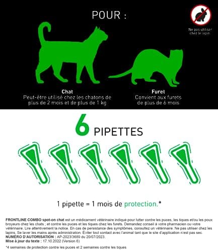 FRONTLINE Combo Chat - Anti Puces, Tiques & Poux broyeurs - Contre Larves & Œufs de puces - Elimine & Tue - Protège L'Animal & L'Habitat1 - Fabriqué En France - 6 Pipettes