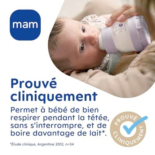 MAM - Lot de 2 biberons Easy Start Anti-Colique 2+ mois débit moyen (2 x 260 ml) Menthe + Coton – Biberon pour réduire les coliques et l'inconfort de bébé – Biberon bébé compatible avec l'allaitement