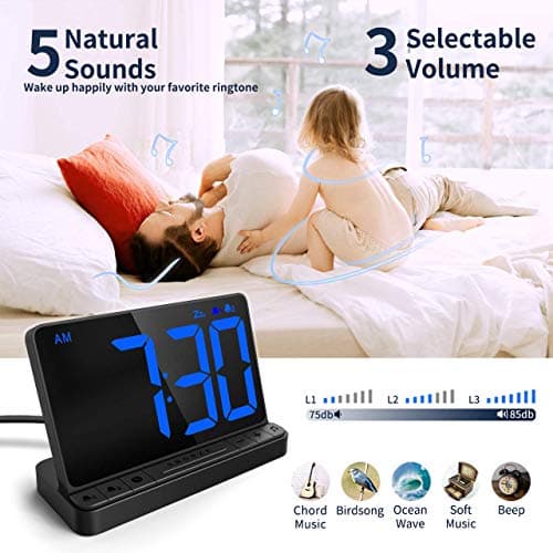 NOKLEAD Numérique Réveil - Horloge Digitale de Chevet avec 5 Sons, variateur Complet, Volume d'alarme réglable, Horloge numérique avec d'adaptateur USB, Grand Chiffre LED de 6,5 po, Snooze et 12/24hr