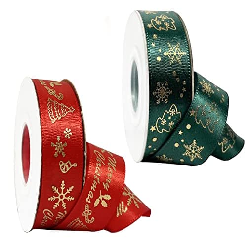 20 Yards Ruban Noel, 2 Rouleaux Ruban de Noel Vert/Rouge, Ruban Cadeau de Noël, 20mm de Large Avec Motif de Noël Pour Emballer Les Cadeaux de Noël (10 Yards/Rouleaux)
