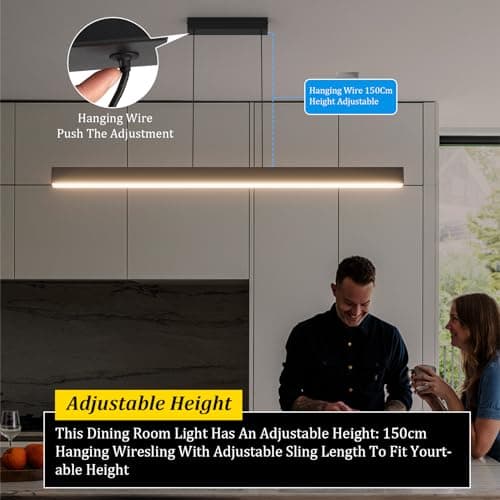 Klighten Led Lampe à suspension Table à Manger, Moderne Luminaire Suspensio, Dimmable 3000K-6000K Avec Télécommande, Plafonniers Linéaire Hauteur 150Cm Réglable, Pour Cuisine Salon, 100/36W, Noir