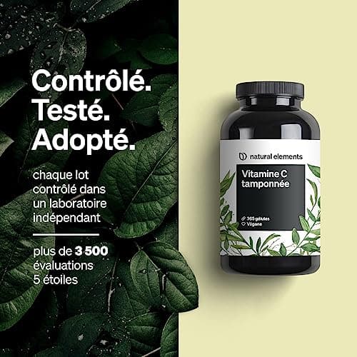 Vitamine C tamponnée 500 mg – 365 gélules véganes – produit doux pour l’estomac, pH-neutre, sans acide – issu de la fermentation de maïs sans OGM – fabriqué et contrôlé en laboratoire en Allemagne.