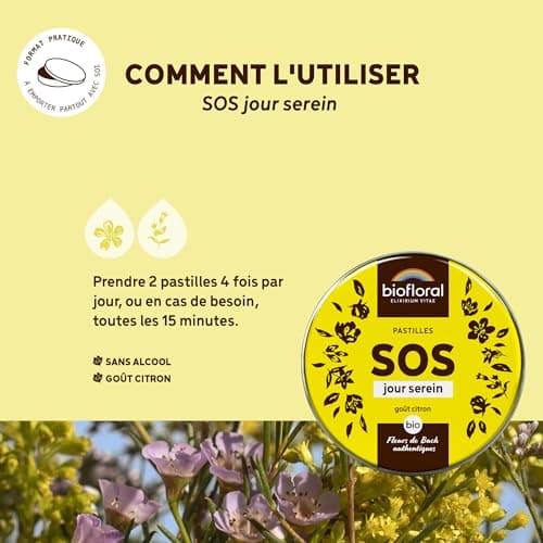 BIOFLORAL - SOS Secours Jour Serein BIO - 165 Pastilles - Soutien émotionnel - Fleurs de Bach Authentiques - Sans Alcool