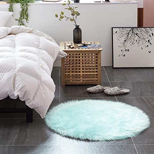 Teppich Wölkchen Tapis en Fausse Fourrure d'agneau et Peau de Mouton - Carpette Moelleuse pour Chambre à Coucher, Salon, Crèche - Jet de Divan de Décoration Chaise - Vert Menthe - 90cm - Rond