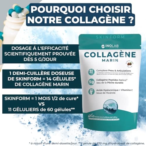 INOLAB Collagène Marin 2000 Da | 45 Doses de 5 g/jour | Collagène Français Breveté Naticol | Acide Hyaluronique + Acérola Bio | Arôme Naturel Café | Peau Élastique Hydratée & Articulations