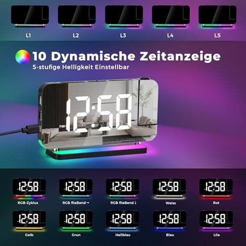 U-picks Réveil Numérique,Réveil avec Projection,Horloge Miroir LED de 7,4" projecteur rotatif à 180°affichage numérique 11 Color RVB,Veilleuse 10 color,Horloge de table numérique à 5 niveaux de Volume