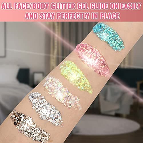 Royouzi Paillettes Visage, Glitter Body Gel, 6 Bouteilles Sirène Paillettes, Chunky Glitter Liquide Gel, 6 Couleurs Maquillage Glitter pour Fard à Paupières, Festival, Fête, Noël, Pâques, Maquillage