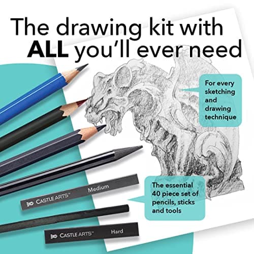 Castle Art Supplies Set de 40 Pièces pour Dessin et Croquis avec Tutoriel | Pour Artistes, Professionnels ou Débutants | Crayons, Fusains, Graphites et Plus | Étui de Transport Zippé Soigné