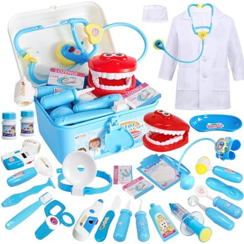 BUYGER Malette Docteur Enfant Jouet avec Déguisement de Docteur, Kit Medecin Outils Stetoscope Cadeau pour Garçon et Fille (Bleu)