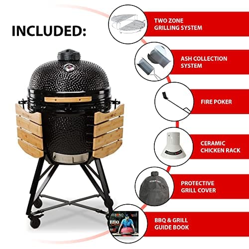 Kamado Bono Grande Barbecue et 6 Accessoires Offerts Gratis - Barbecue Charbon De Bois Taille Portable - BBQ Et Fumoir - Noir Barbecue Japonais Ceramique Ø 59 cm - Barbecue Balcon
