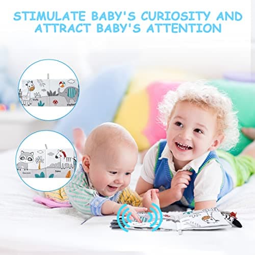 Vicloon Livre Tissu Bébé Eveil,Jouet Educatif Enfant Idée Cadeau Dès la Naissance, Livre Doux Froissé avec des Animaux (lion)