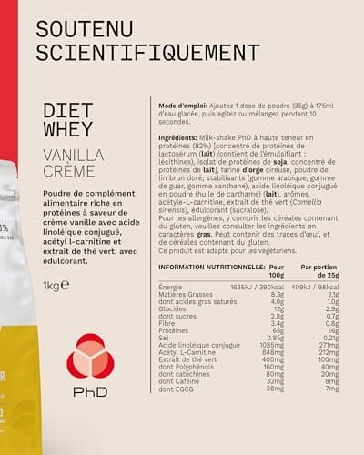 PhD Nutrition Diet Whey Poudre de protéines 1kg Crème vanille, Poudre de protéines High Protein pauvre en calories pour compléter le régime avec 16g de protéines par portion