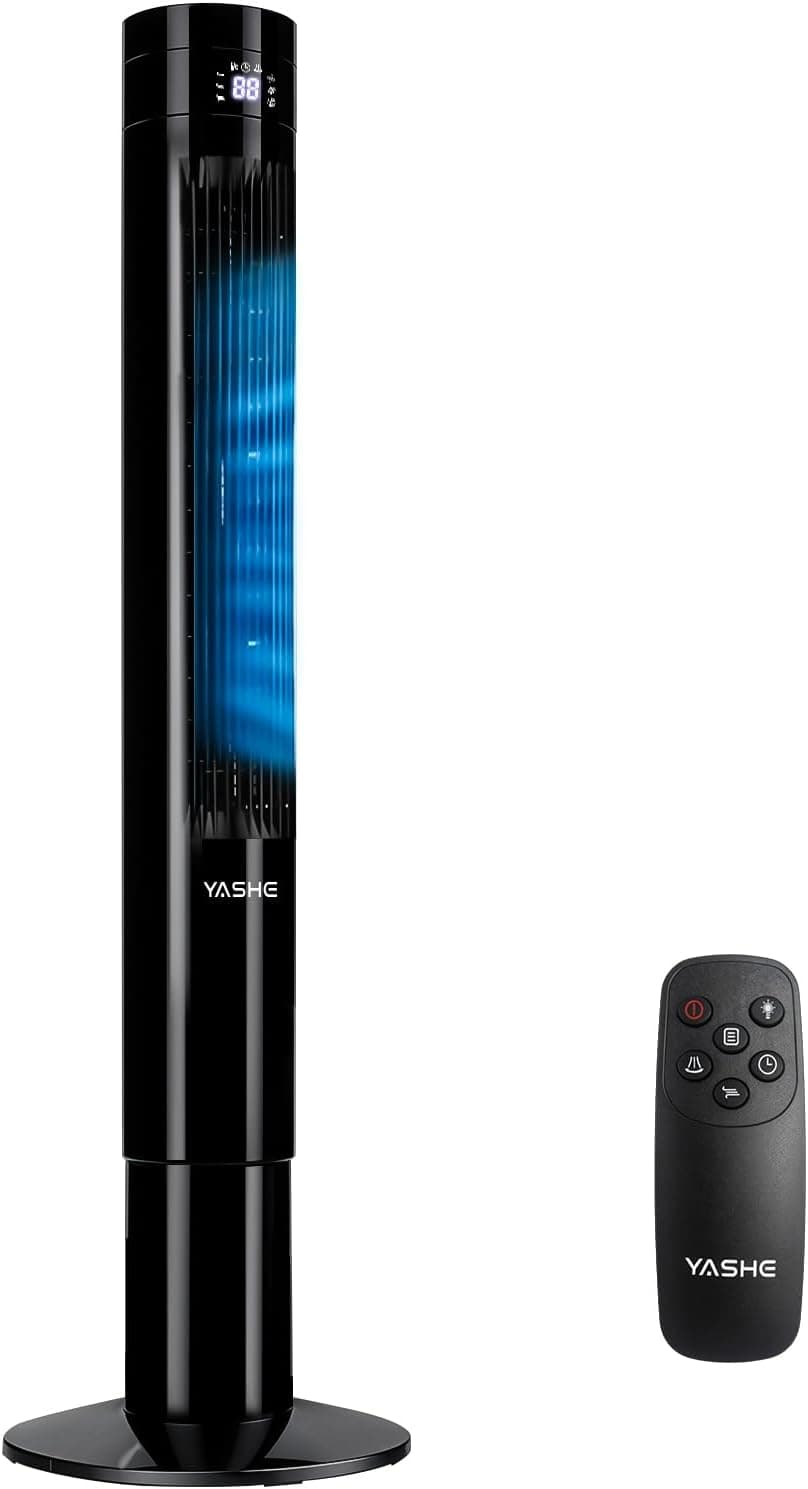 YASHE Ventilateur colonne 110 cm avec télécommande, silencieux 28 dB | Oscillation 85°, 12 h minuterie, 3 modes, 3 vitesses et affichage LED, idéal pour chambre, bureau et maison