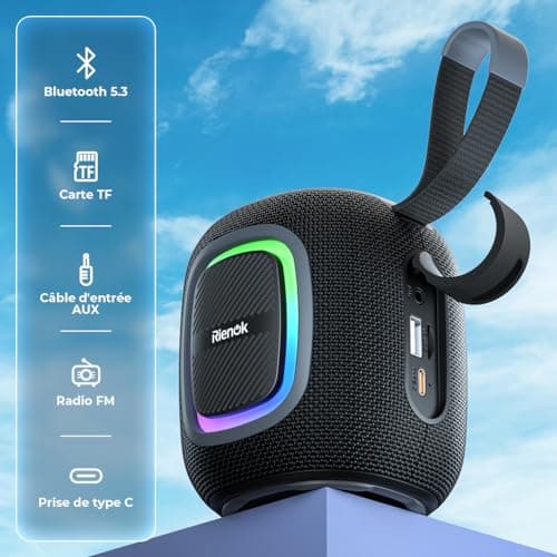RIENOK Enceinte Bluetooth 5.3 Portable, Haut Parleur Puissant Lumineuse, Autonomie 15H, 1800mAh, Fonction Radio, Port Clé USB, AUX, TF Carte, pour Soirées Plage, Randonnées, Voyage