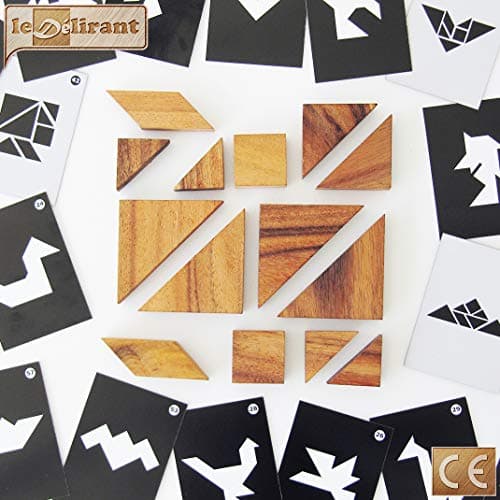 TANGRAM DOUBLE - à partir de 6 ans pour 1 à 2 joueurs, casse tête en bois massif aux normes CE. Difficulté 2/6 marque française Le Délirant, un puzzle avec plus de 64 figures à réaliser. Jeu de voyage