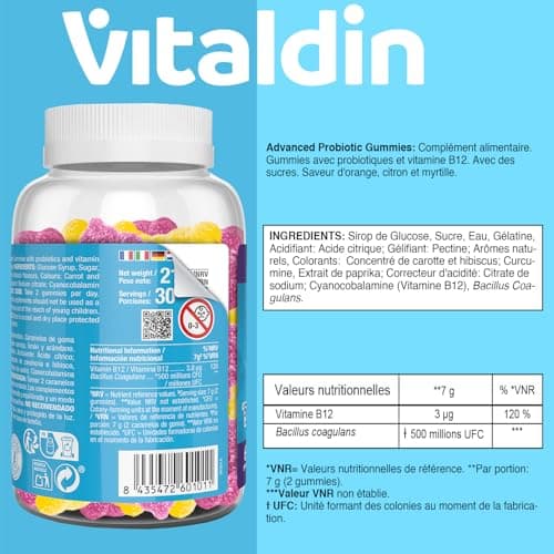 VITALDIN Probiotique Gummies – 500 millions d ́UFC de Bacillus Coagulans par dose + Vitamine B12 – 60 Gommes (pour 1 mois); saveur de Fruits – Flore Intestinale – pour Enfants et Adultes