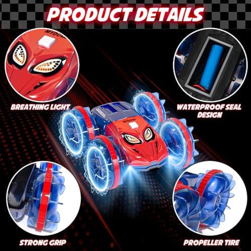 MYDOVA Voiture Telecommandé Enfant Tout Terrain Amphibie, 2.4 GHz Proportionnelle 20+ KM/H Hobby Offroad Monster RC Truck, 360°& 180°Rotation étanche