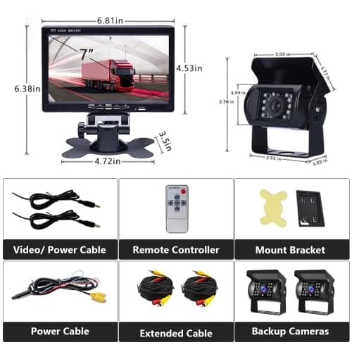 Camera de Recul Voiture 2 Caméras, Ecran Caméra de Recul, 12 V-24 V Caméra De Recul 7 Pouces pour Voiture IP68 Étanche De Vision Nocturne LCD Kit Camera pour Camping-Car, Bus, Remorque, Camion