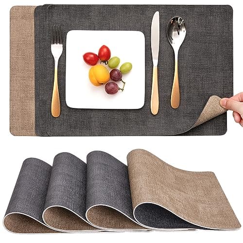 Set de Table et Dessous de Verre Myir JUN, Sets de Table Lavable Double Face Bicolore en Cuir, Set Table Antidérapants Faciles à Nettoyer, Set de Table Lot de 4