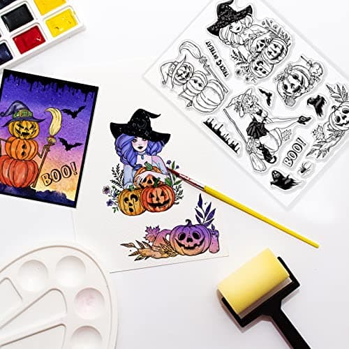ORIGACH Tampon transparent en silicone transparent pour la fabrication de cartes, Halloween, sorcière, citrouilles, fantômes, bricolage, scrapbooking, journal, album photo, décoration
