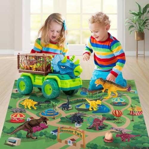 Jouet de Camion de Dinosaure pour Enfants de 3 à 5 Ans, Camion Transporteur de Voiture Triceratops avec 8 Figurines Dino, Tapis de Jeu de Dinosaure de Capture pour garçons