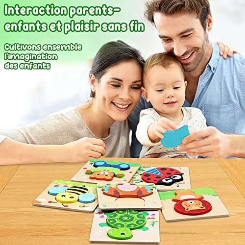 lenbest Puzzle Bois Enfant - 6PCS Jouet Montessori Puzzles - Jouet Enfant Puzzle 1 Jeu 2 3 an Ans - Jeux Educatif Animaux Puzzle à Encastrement - Cadeau Enfant Bebe Fille Garçon 1 Jeu 2 3 an Ans