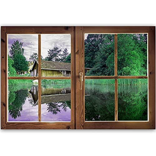 Feeby Impression sur Toile Intissee Maison Au Bord du Lac Forêt 120x80 cm Tableau Moderne Tableau Photo Chambre à Coucher Fenêtre Fermée Effet 3D Vert