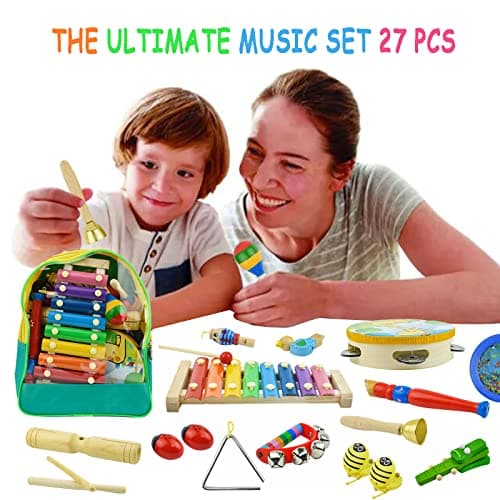 27pcs Instruments de Musique Musicaux pour Enfants, Kikuo Bois Percussion en Bois pour Bébé, D'instruments de Musique pour Les Tout-Petits - Favorise Le Développement Précoce - Sac à Dos Inclus