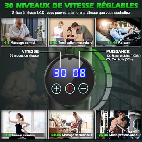 Pistolet de Massage Musculaire ALDOM Appareil de Massage Masseur de Muscle Profond Avec 30 Niveaux Réglables 8 Têtes de Massage et l'Écran LCD Soulager Douleurs et Raideurs