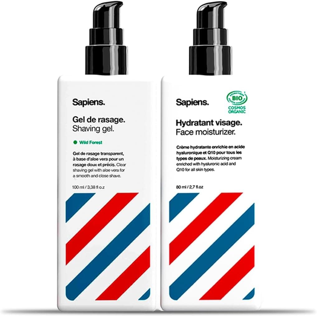 Sapiens Kit Rasage Barbier | Rasoir Coupe Choux Barbe, 120 Lames de Rasoir, Gel de Rasage Transparent, Hydratant Visage AprĂšs Rasage, Pochoir Contours
