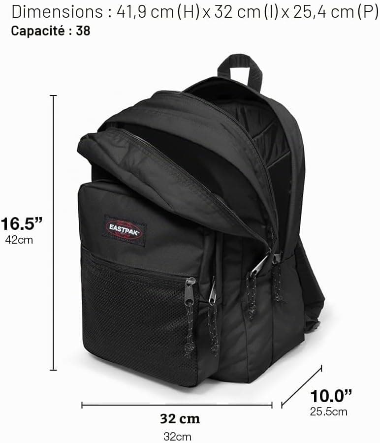 EASTPAK Pinnacle Sac à dos 38L (42 x 32 x 25,5 cm), grand sac école et voyage, sac à dos multi-compartiments résistant avec organiseur et bretelles rembourrées - BLACK DENIM