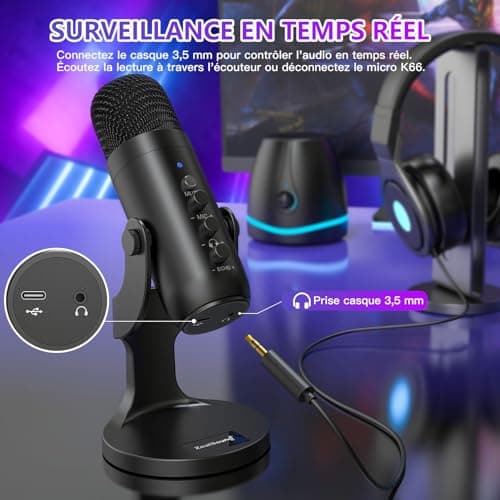zealsound USB Microphone à Condensateur, Micro Gaming pour PC Phone Ordinateur Portable et PS4&5, avec Muet/Écho/Réduction du Bruit, pour Streaming, Enregistrement,Vocal,Podcast,Twitch, ASMR,K66 Noir