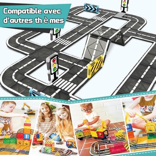 BuzzoXerex Construction Magnetique Routes, 50 Pièces Magnetic Tiles, Bloc de Construction Magnétique Éducatifs Cadeau pour Fille Garçon 3 4 5 6 Ans
