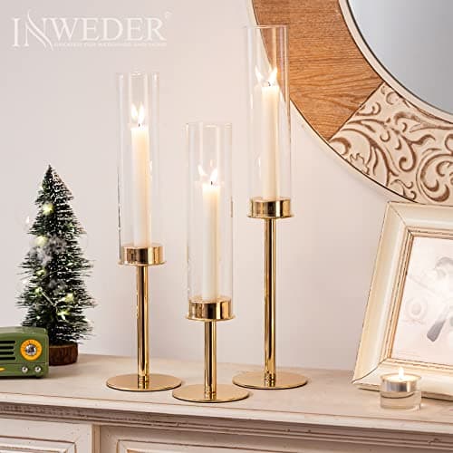 Inweder Bougeoir Doré avec Verre Amovible - Lot de 3 Bougeoirs en Verre Chandelier Bougeoir Porte Bougie Decorative Cylindres Bougeoir Decoratif pour Centre de Table de Mariage Décoration Maison