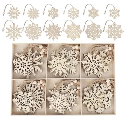 ilauke 36Pcs Bois Arbre de Noël Ornements avec Boîte en Bois,7cm/10cm Ornements de Flocon de Neige à Suspendre en Bois,3mm Pendentifs Rustiques Artisanat en Bois de Flocon pour Noël Mariage Fête